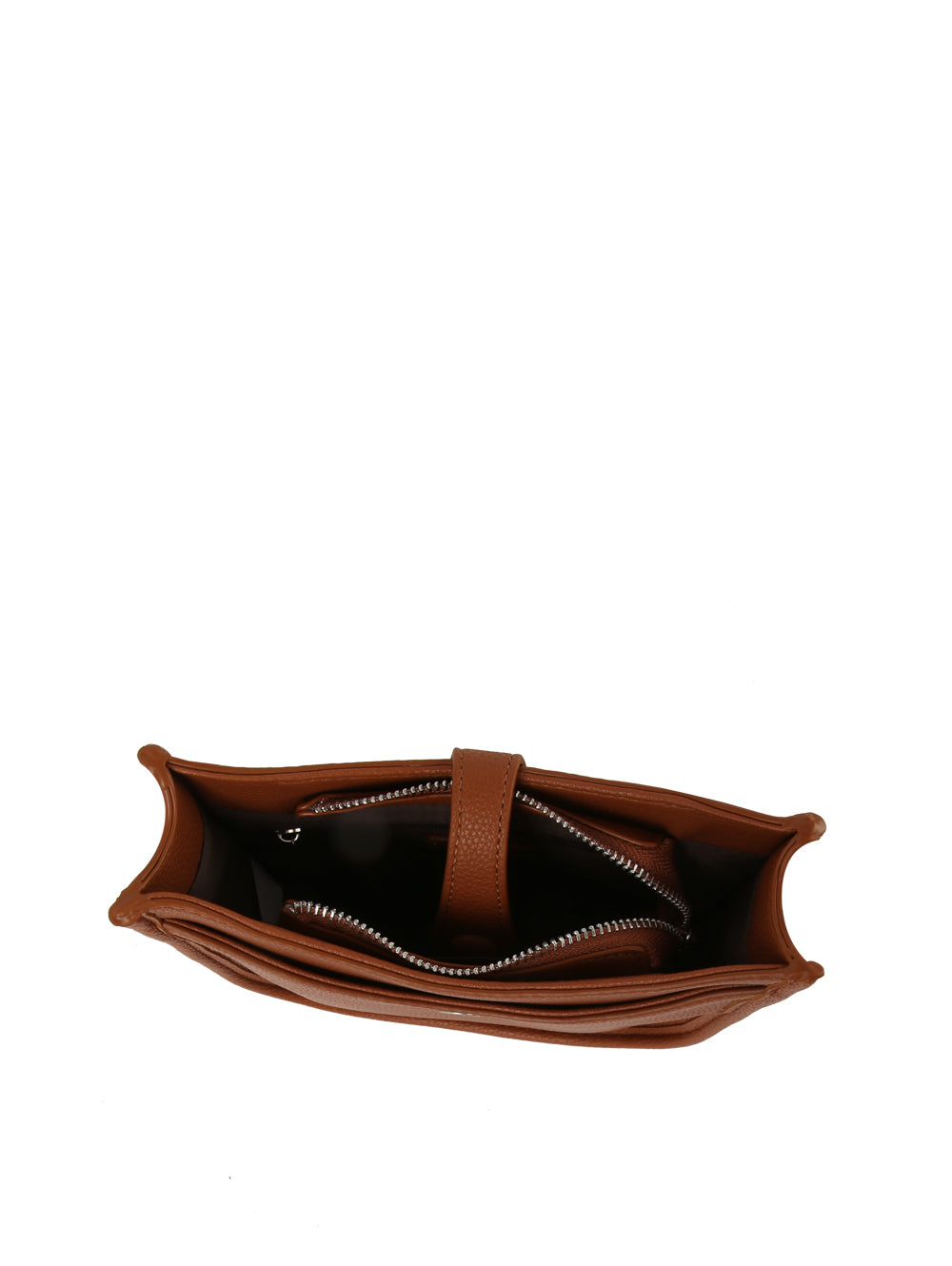 Top view of the Chic Saddle Bag Design Shoulder Bag in brown faux leather, featuring a top zip closure and interior zipper pocket, with compartments displayed against a white background.