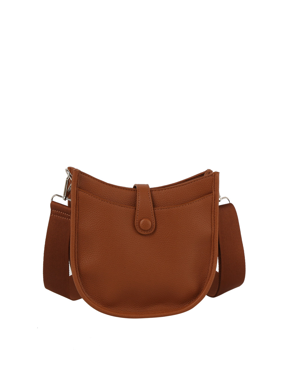 The Chic Saddle Bag Design Shoulder Bag is a brown faux leather bag featuring a wide adjustable strap, front flap, and snap closure, displayed against a plain white background.
