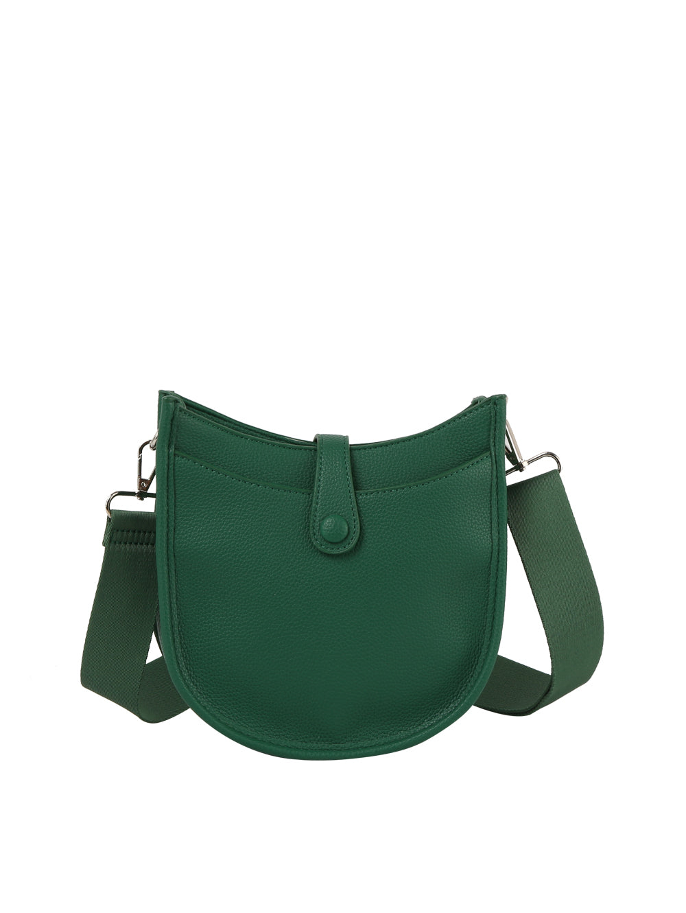 The Chic Saddle Bag Design Shoulder Bag is a small green faux leather bag with a wide adjustable strap, curved bottom, and front snap button closure.