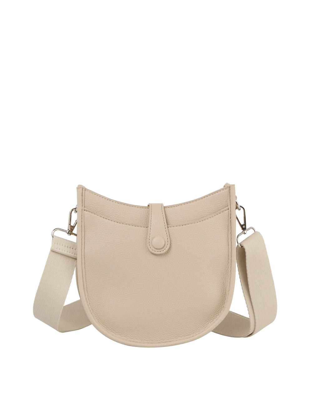 The Chic Saddle Bag Design Shoulder Bag is a beige faux leather bag with a wide adjustable strap, front flap snap closure, and minimalist design, shown against a white background.