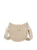 The Chic Saddle Bag Design Shoulder Bag is a beige faux leather bag with a wide adjustable strap, front flap snap closure, and minimalist design, shown against a white background.