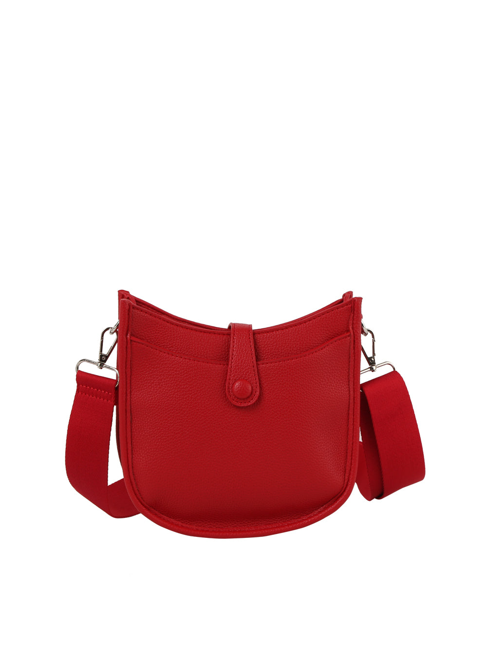 The Chic Saddle Bag Design Shoulder Bag is a small red faux leather bag with a front flap, snap button closure, metallic hardware, and a wide adjustable shoulder strap for versatile styling.