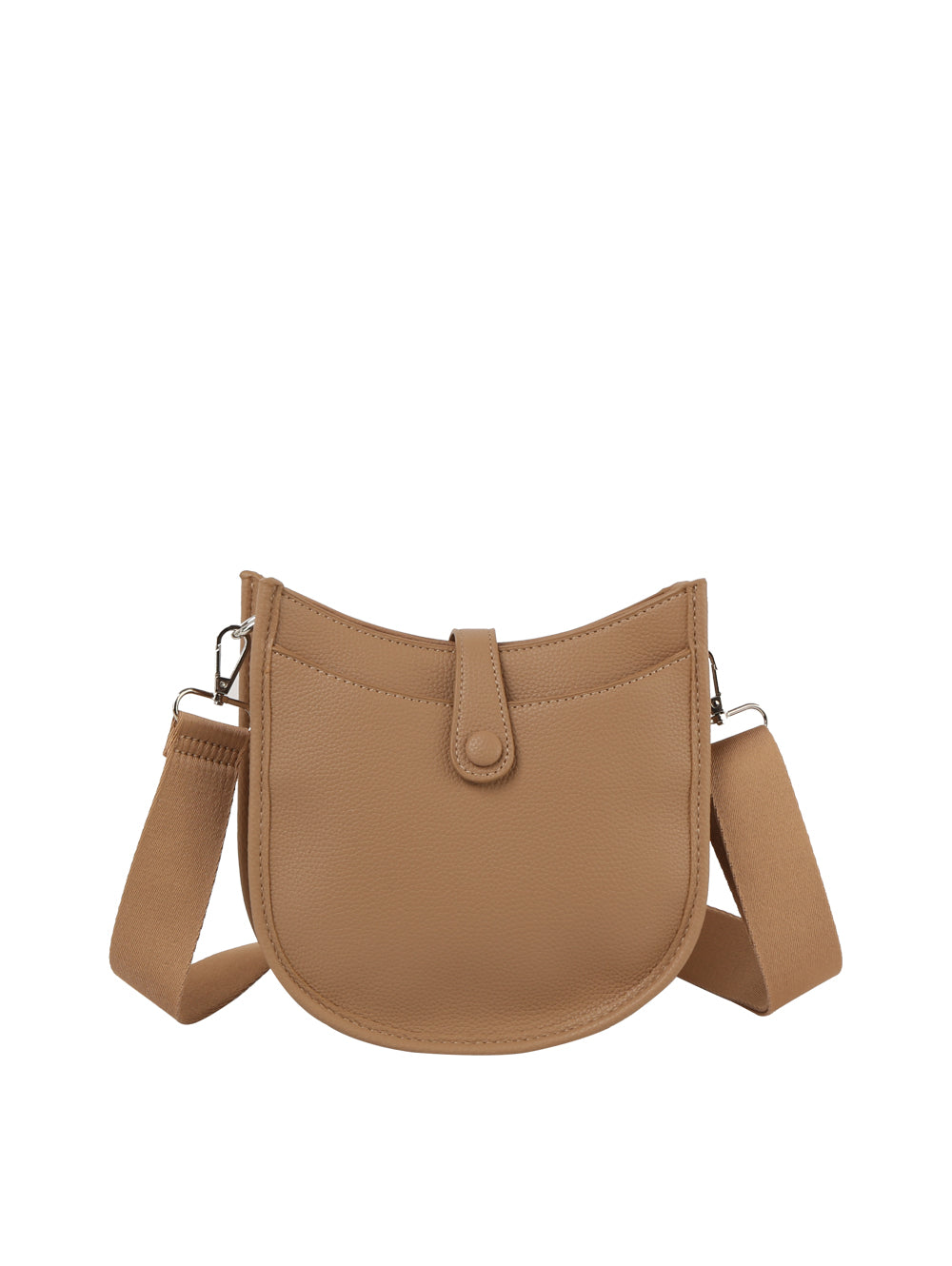The Chic Saddle Bag Design Shoulder Bag features tan faux leather, a wide adjustable strap, front flap pocket, button and top zip closures, all displayed against a plain white background.