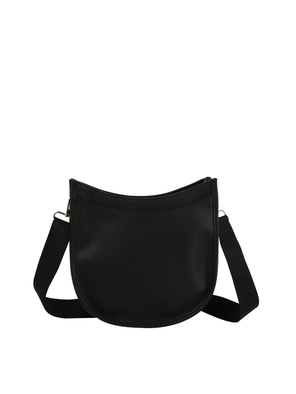The Saddle Bag Inspired Curved Crossbody features black faux leather, a curved bottom, top zip closure, and an adjustable strap, shown against a white background.