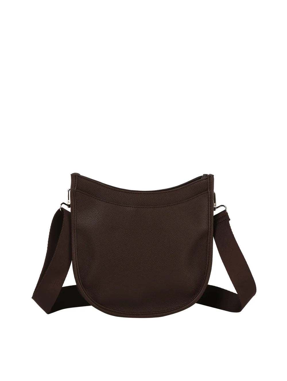 The Saddle Bag Inspired Curved Crossbody is a dark brown, crescent-shaped faux leather bag with a wide adjustable strap and smooth minimal design, featuring a top zip closure. Displayed against a plain white background.