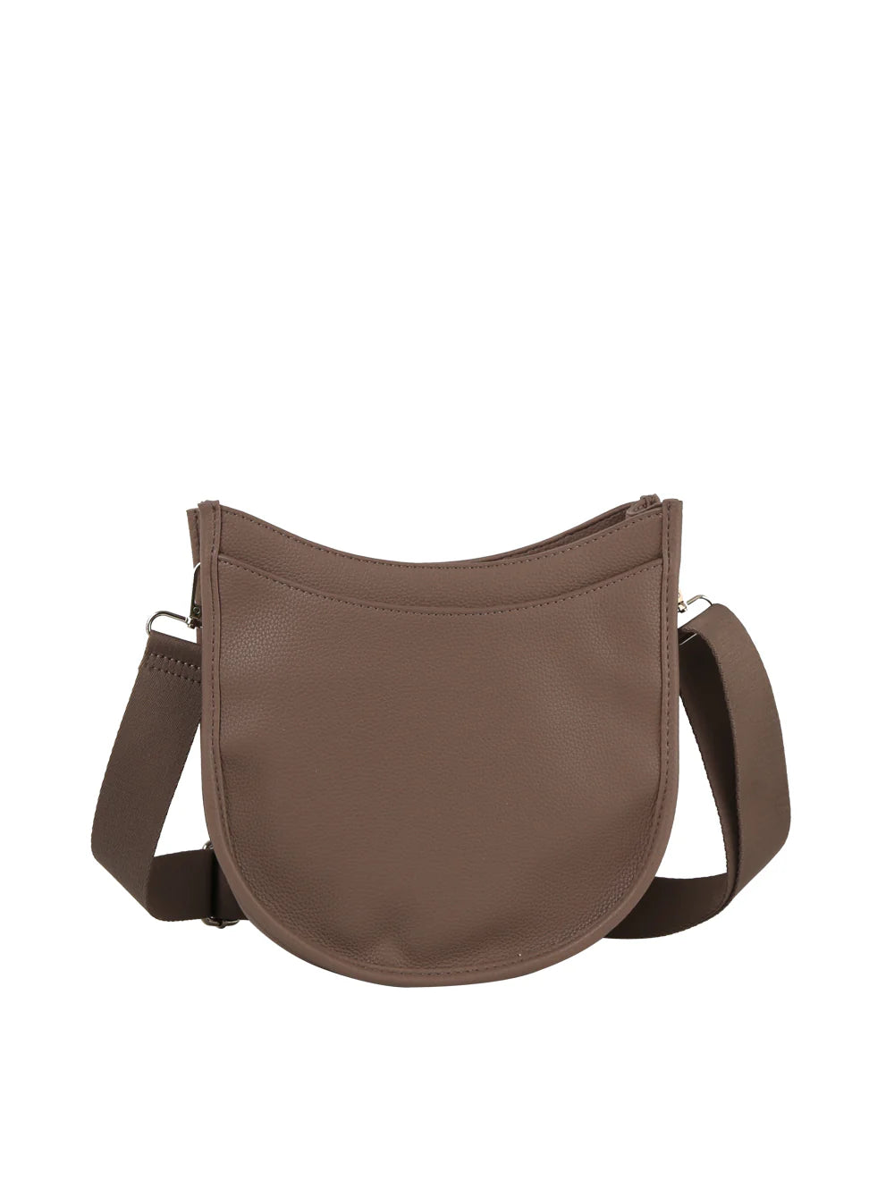 The Saddle Bag Inspired Curved Crossbody is a brown, crescent-shaped faux leather bag featuring a wide adjustable strap and top zip closure, displayed against a plain white background.