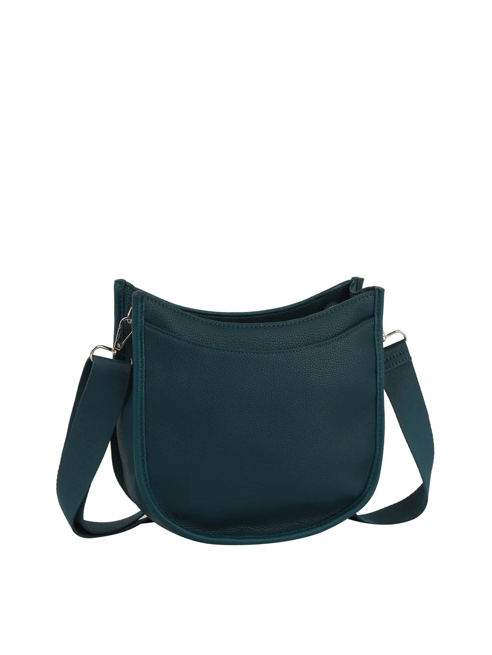 The Saddle Bag Inspired Curved Crossbody is a small, dark teal faux leather bag with a curved top, adjustable strap, minimalist style, smooth texture, and practical top zip closure.