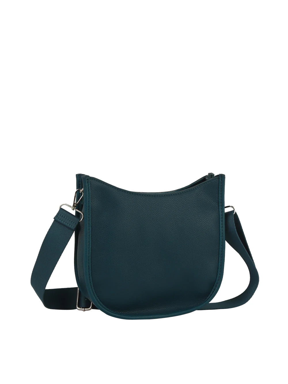 The Saddle Bag Inspired Curved Crossbody in teal faux leather features a curved flap, top zip closure, and wide adjustable strap, shown against a plain white background.