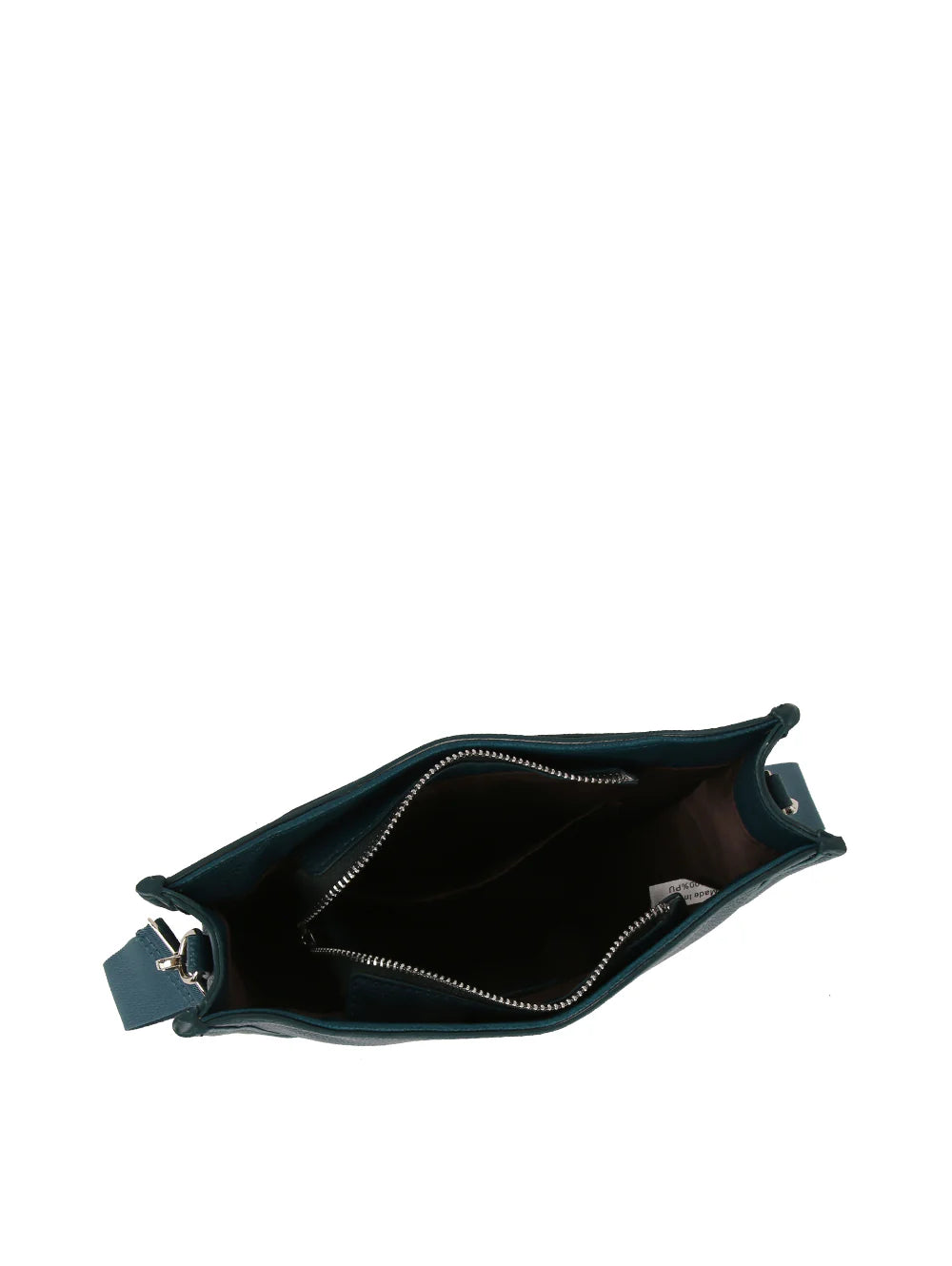 A top-down view of the Saddle Bag Inspired Curved Crossbody in dark teal faux leather with a top zip closure, showing its spacious interior and inner zip pocket, set against a white background.