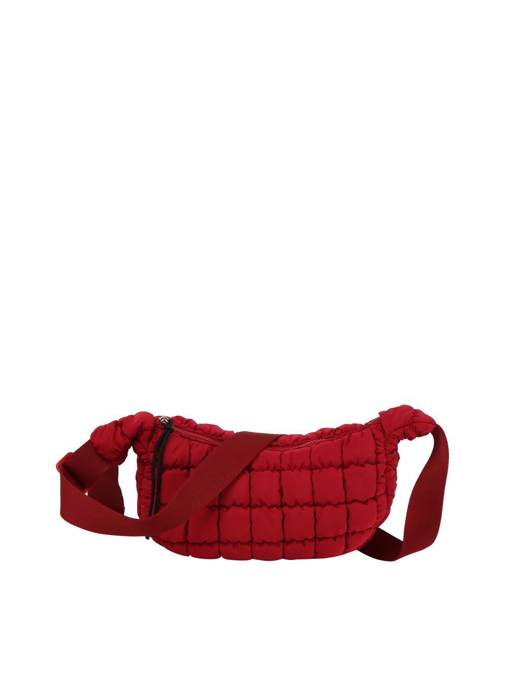 The Quilted Puffer Crossbody Hobo is a red nylon bag with quilting, an adjustable single strap, a zippered front pocket, and a top zip closure, shown against a plain white background.