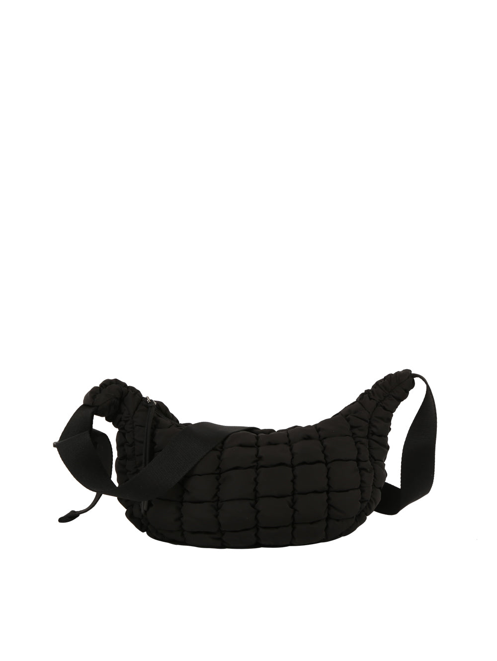 The Quilted Puffer Crossbody Hobo is a black nylon, crescent-shaped bag with quilted and gathered detailing, a wide adjustable strap, a soft padded texture, minimalist style, and a secure top zip closure.