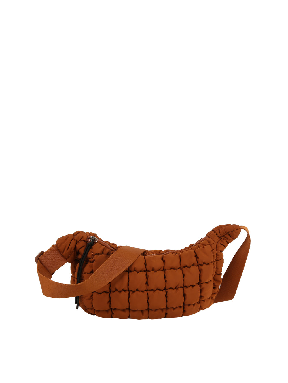 The Quilted Puffer Crossbody Hobo is a brown nylon bag with quilted design, adjustable single strap, and top zip closure, shown on a plain white background.