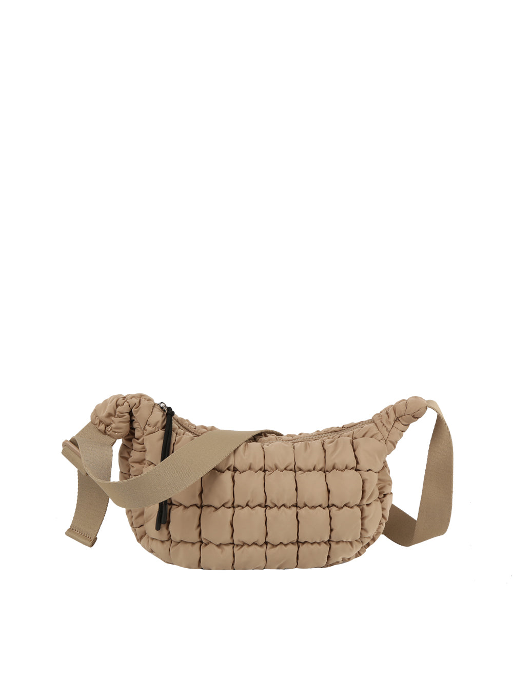 The Quilted Puffer Crossbody Hobo is a beige, quilted nylon bag with a chunky woven texture, top zip closure, and wide adjustable strap, shown against a white background.