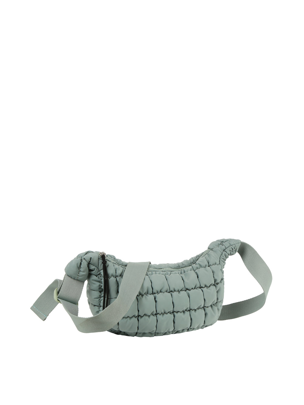 The Quilted Puffer Crossbody Hobo is a light teal quilted nylon bag featuring a wide adjustable single strap and top zip closure, shown against a plain white background.