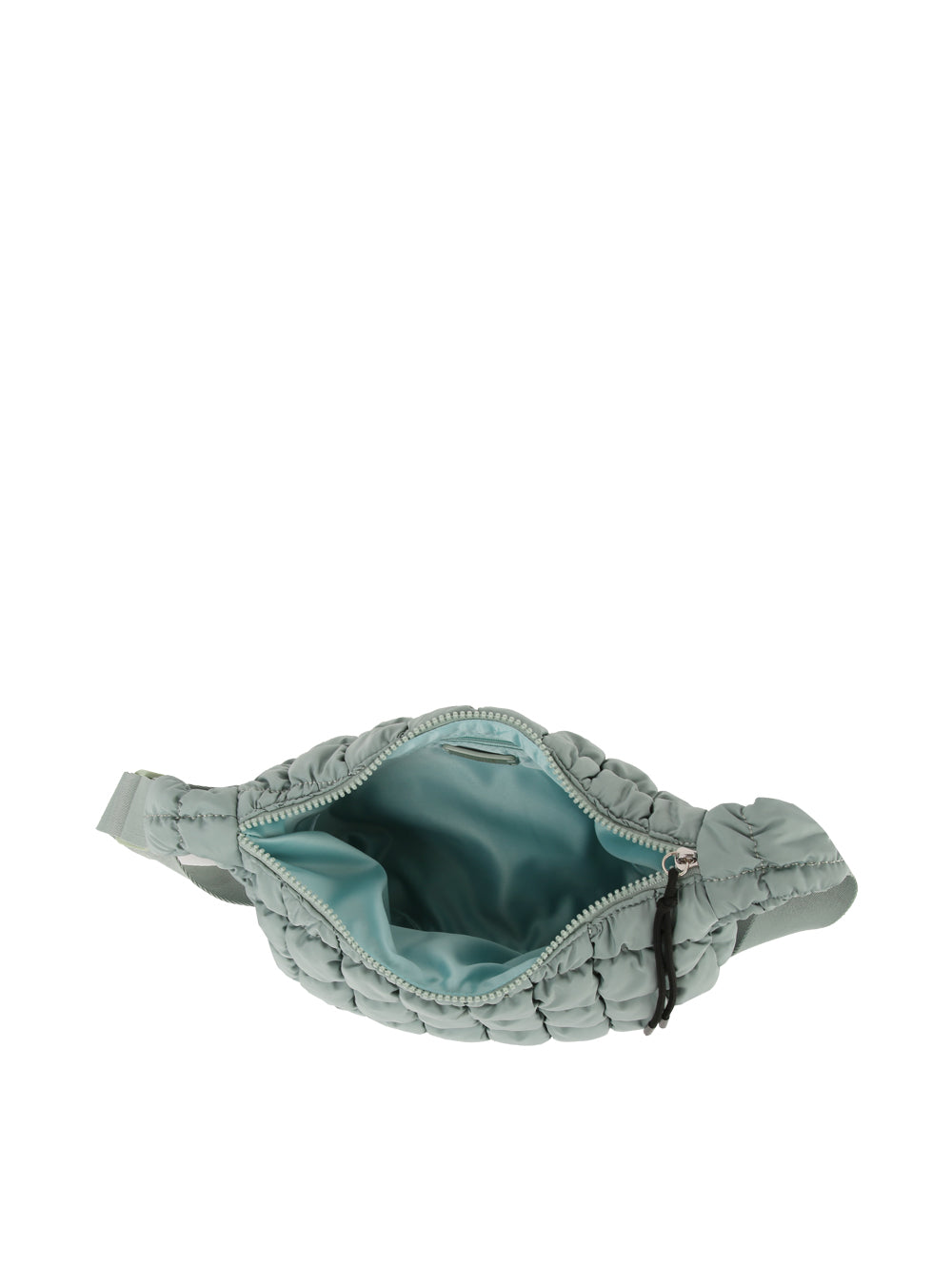 The Quilted Puffer Crossbody Hobo is a light blue quilted nylon bag with a top zip closure, featuring a roomy interior and an adjustable single strap.