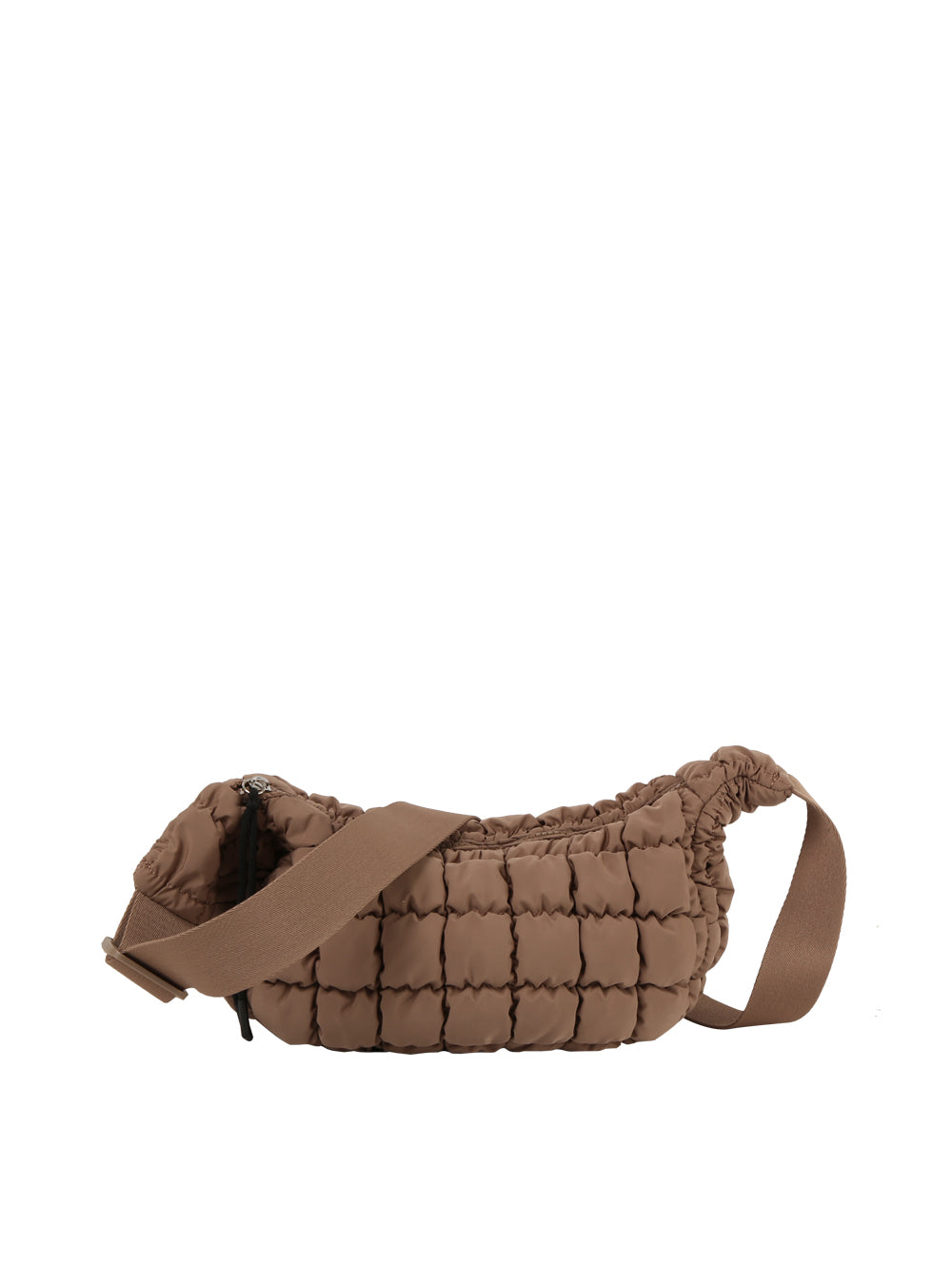 The Quilted Puffer Crossbody Hobo is a brown nylon bag with a top zip closure, wide adjustable single strap, and ruched top edges, shown against a white background.