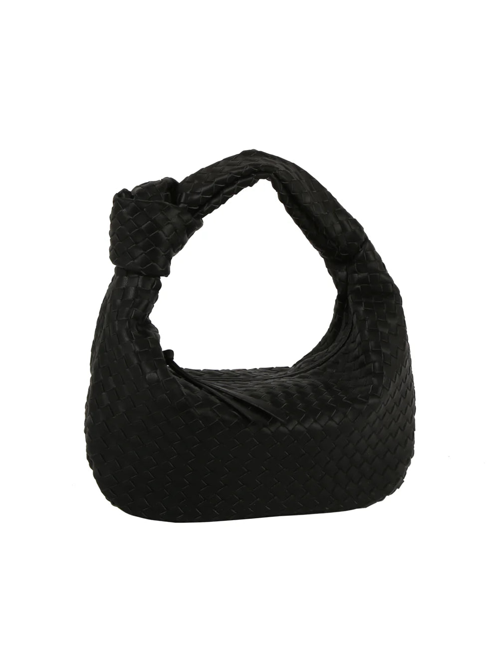 The Woven Classic Hobo Handbag is a black faux leather bag with a rounded base, a thick braided single strap, and a modern, stylish design.
