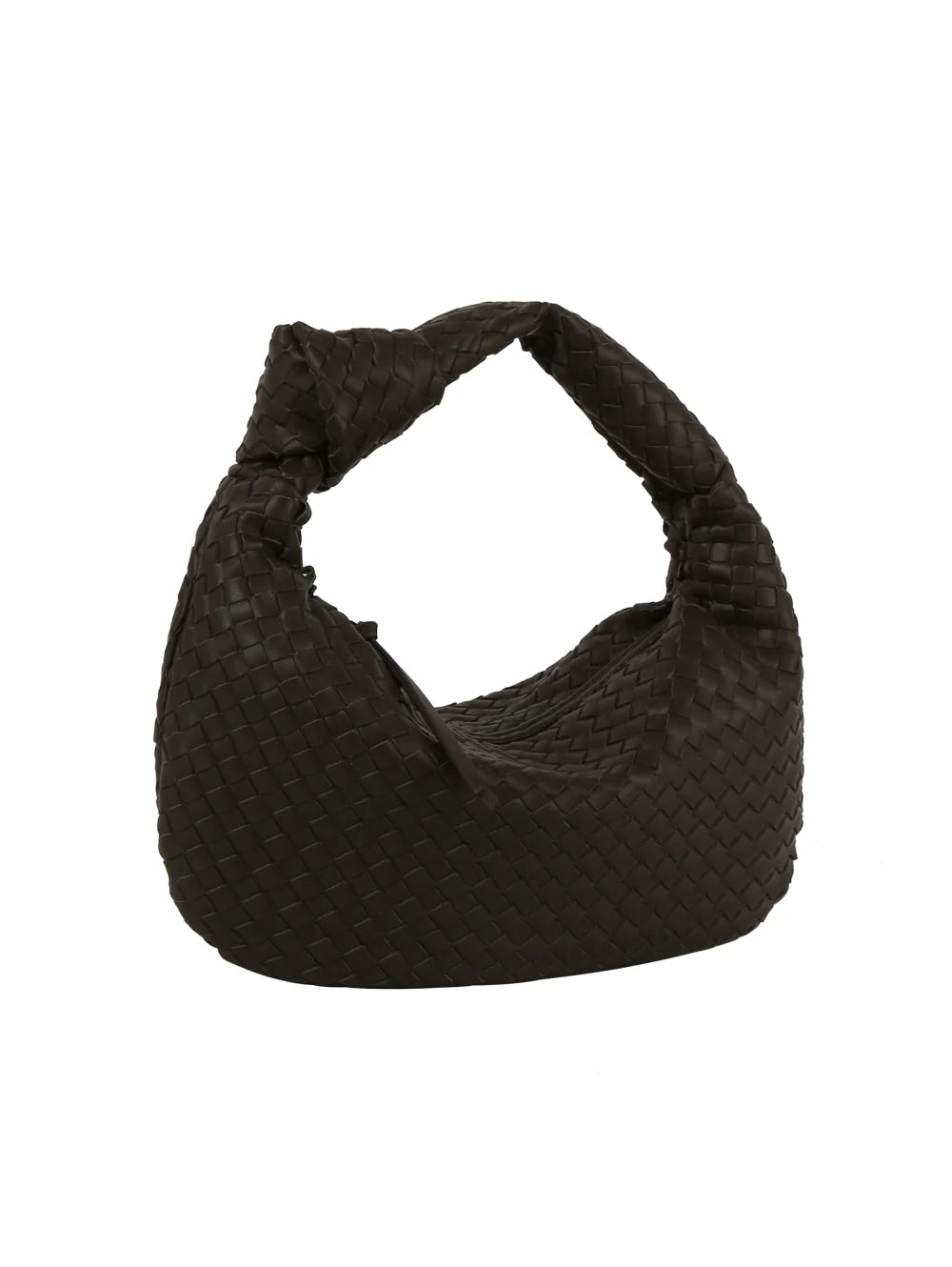 The Woven Classic Hobo Handbag features a dark brown faux leather crescent shape, intricate basket-weave design, thick curved strap, and secure top zip closure.