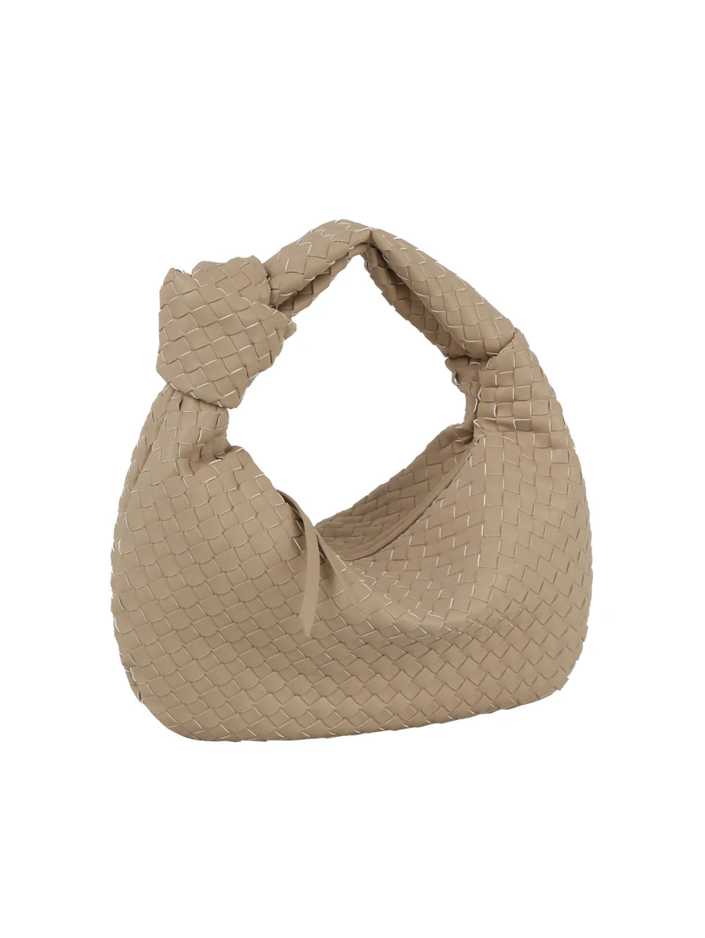 The Woven Classic Hobo Handbag is a beige faux leather bag with a single knotted strap and sleek top zip closure, shown against a white background.