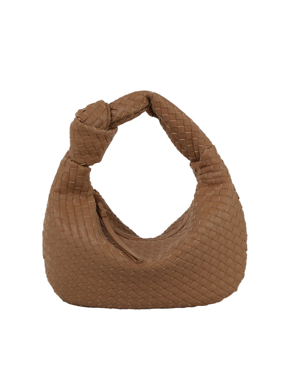 The Woven Classic Hobo Handbag features brown faux leather, a knotted single strap handle, rounded base, and a basket-weave design, displayed against a plain white background.