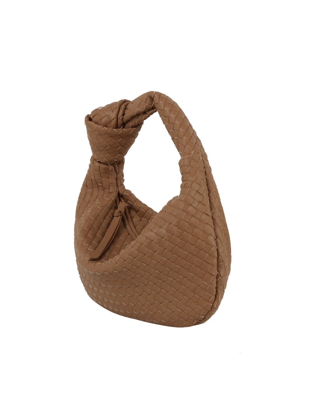 The Woven Classic Hobo Handbag features brown faux leather, a curved silhouette, single strap with a knotted handle, and top zip closure, shown against a white background.