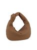 The Woven Classic Hobo Handbag is a brown, crescent-shaped bag with a single knotted strap and secure top zip closure.