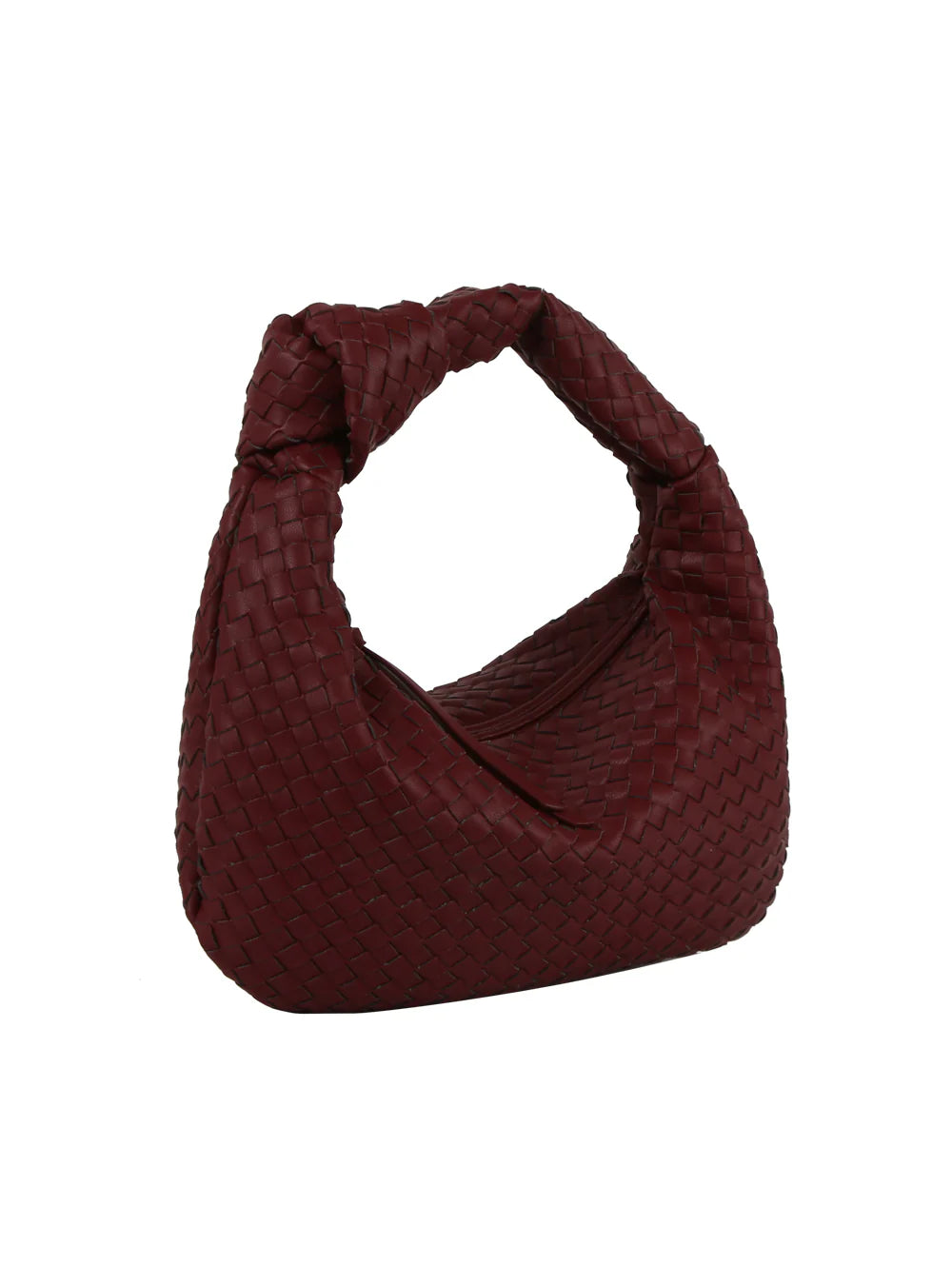 The Woven Classic Hobo Handbag features maroon faux leather in a rounded woven design, a single handle with a statement knot, and a secure top zip closure.