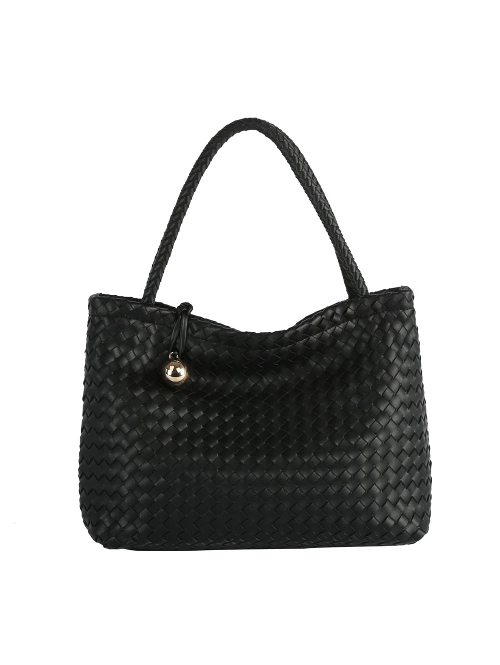 The Golden Ball Accented Woven Fashion Handbag features black faux leather, two handles, gold-toned hardware, and a small gold charm near the top.