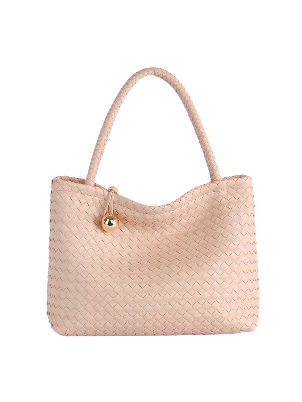 A close-up of the Golden Ball Accented Woven Fashion Handbag highlights its gold-toned hardware and a sleek, detachable strap.