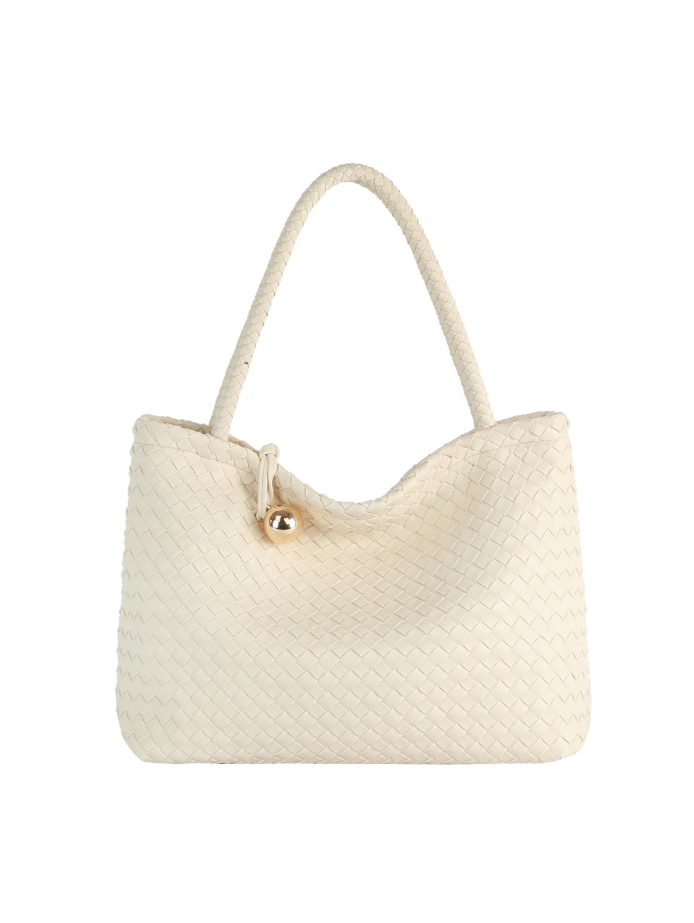 The Golden Ball Accented Woven Fashion Handbag features a cream-colored faux leather design with two sturdy handles, gold-toned hardware, a spherical charm by the handle, and a soft, textured woven look for an elegant touch.
