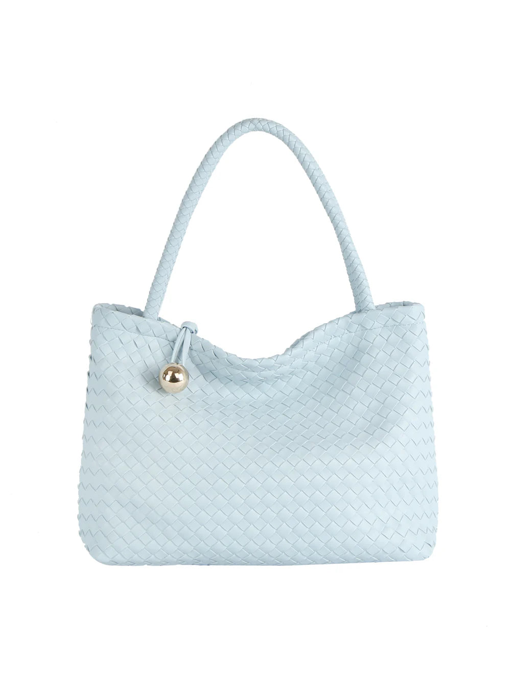 The Golden Ball Accented Woven Fashion Handbag features light blue faux leather, two braided handles, gold-toned hardware, and a metallic sphere charm near the top.