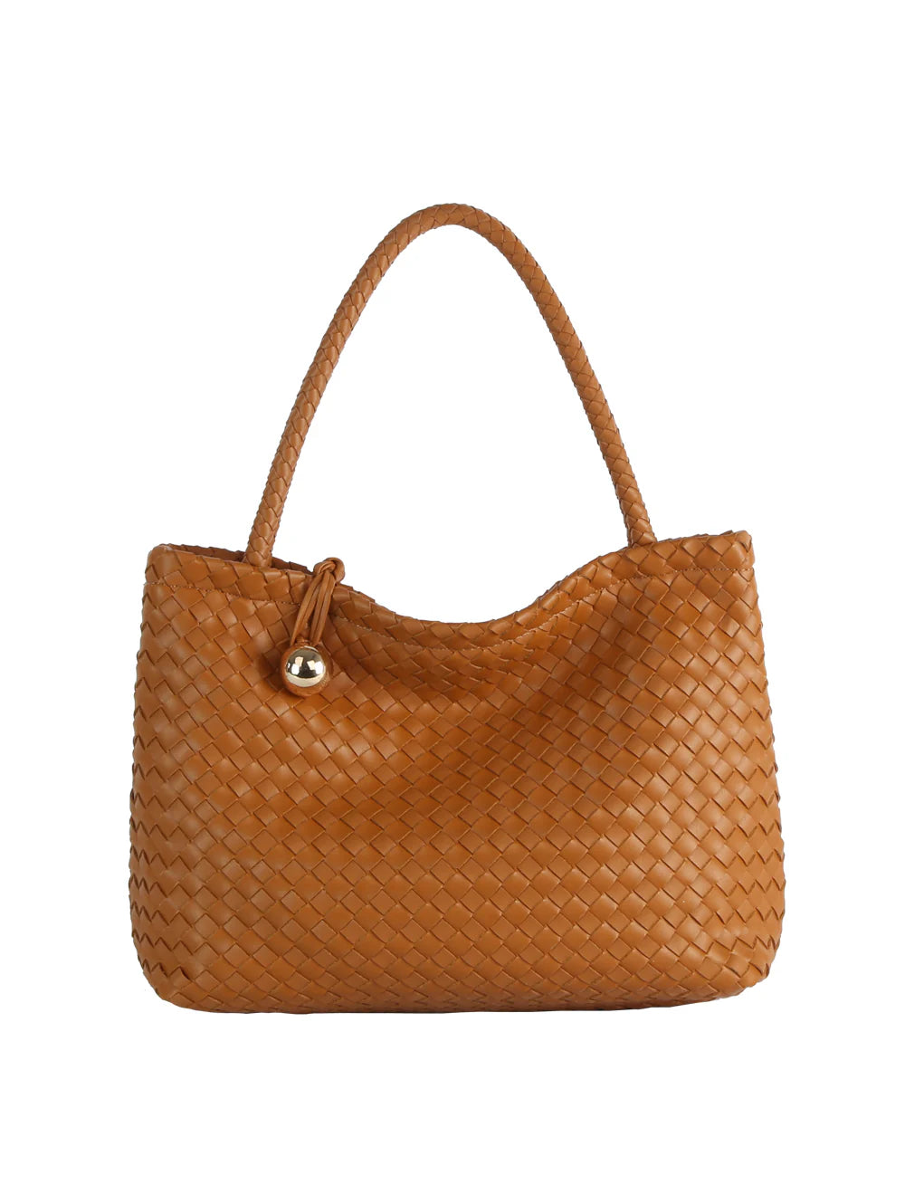 The Golden Ball Accented Woven Fashion Handbag features tan faux leather, dual handles, a detachable strap, gold-toned hardware, and a small gold ball charm near the handle.