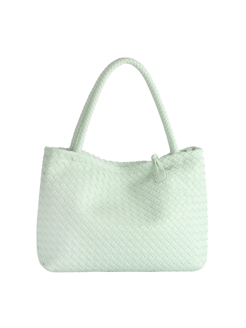 A mint green Golden Ball Accented Woven Fashion Handbag featuring faux leather, dual rounded handles, gold-toned hardware, and a simple, elegant design.