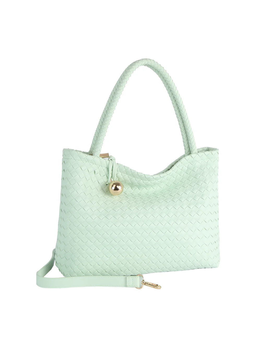 The Golden Ball Accented Woven Fashion Handbag in mint green faux leather features two handles, gold-toned hardware, a gold spherical charm, and an adjustable detachable strap, displayed against a white background.