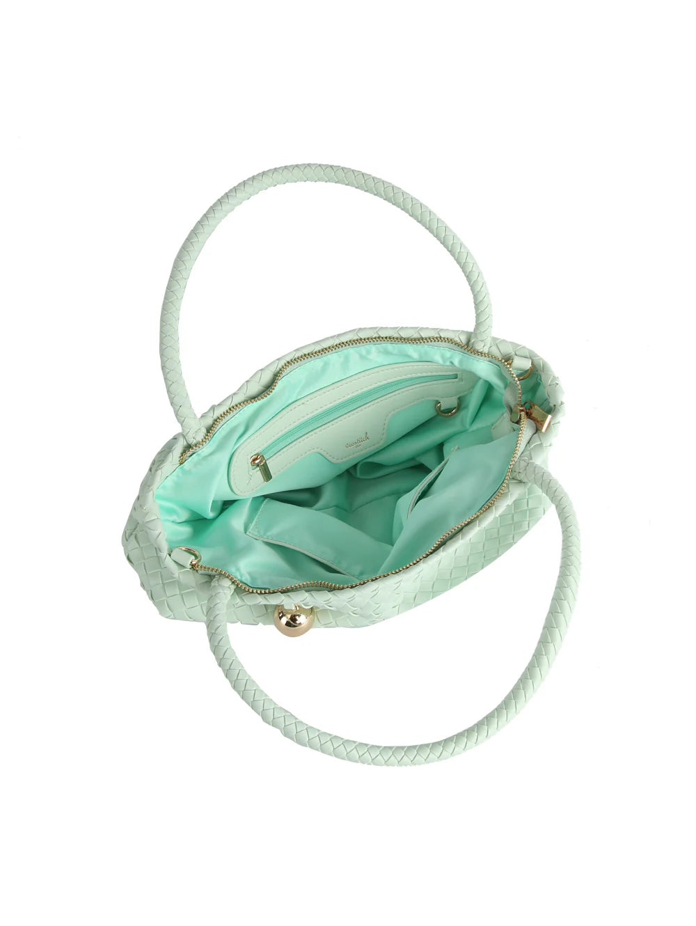 Top view of the Golden Ball Accented Woven Fashion Handbag in mint green faux leather with gold-toned hardware, light mint lining, inner zip pocket, two braided handles, and a detachable strap.