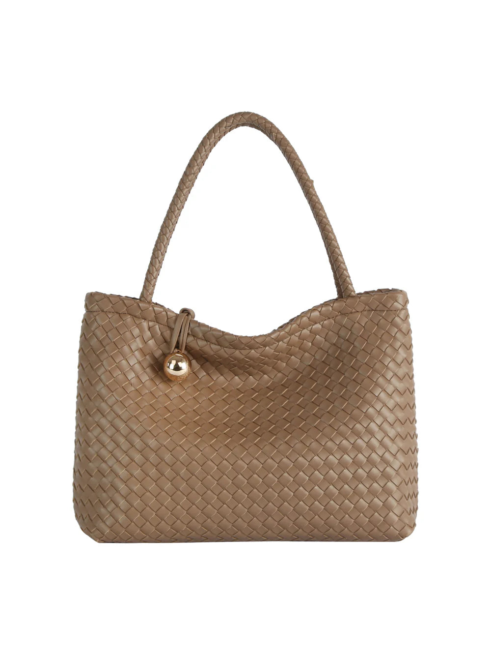 The Golden Ball Accented Woven Fashion Handbag features a tan faux leather weave, dual handles, gold-toned hardware, and a small gold charm by the handle, shown against a white background.