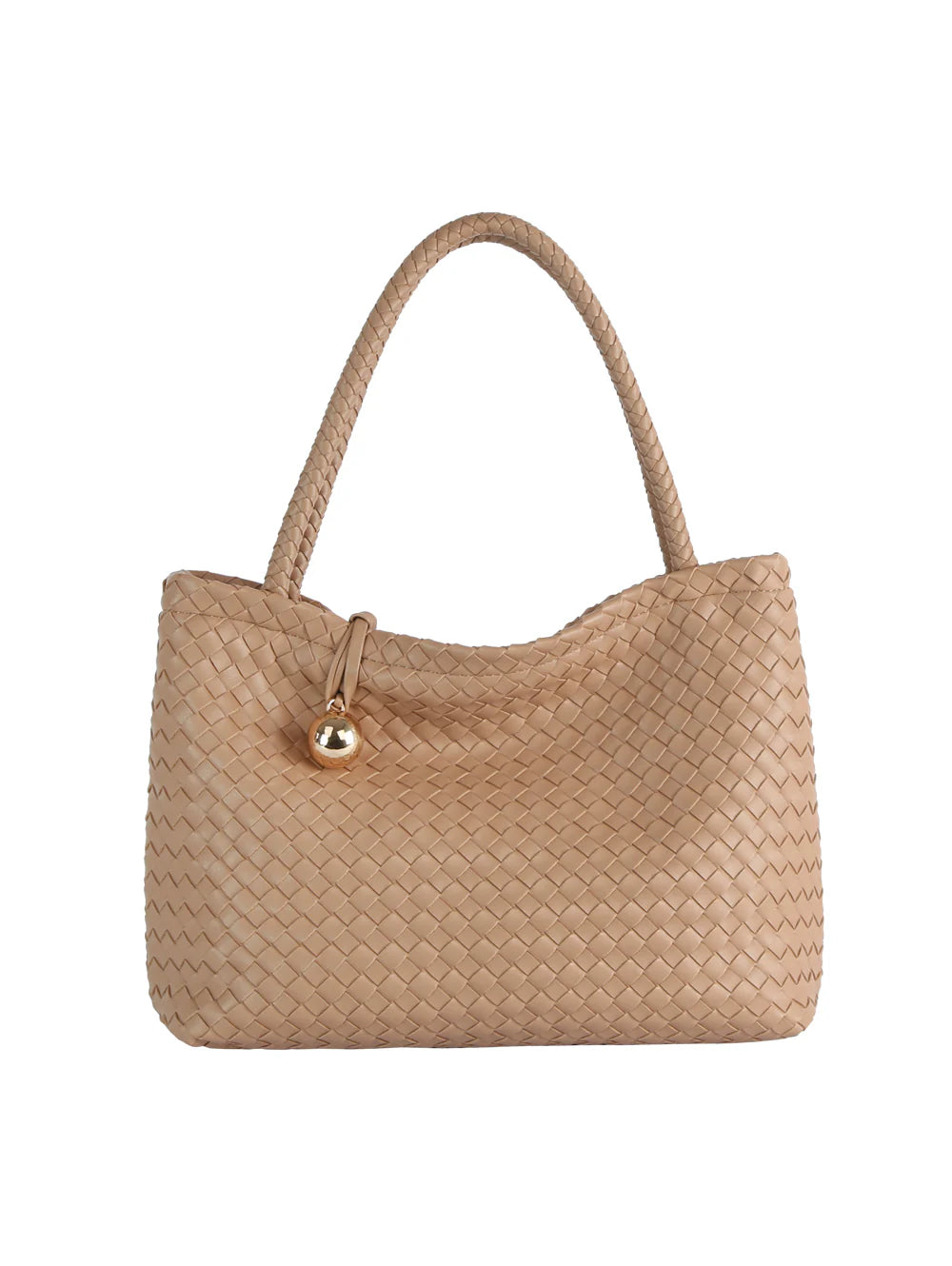 The Golden Ball Accented Woven Fashion Handbag features tan faux leather, dual handles, gold-toned hardware, and a gold ball ornament hanging from one handle, displayed against a white background.