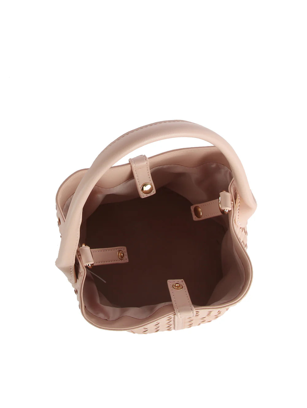 Top view of the Woven Bucket Bag Two Piece Set in light pink faux leather with gold-toned hardware, two handles, woven side detailing, and an empty interior visible.
