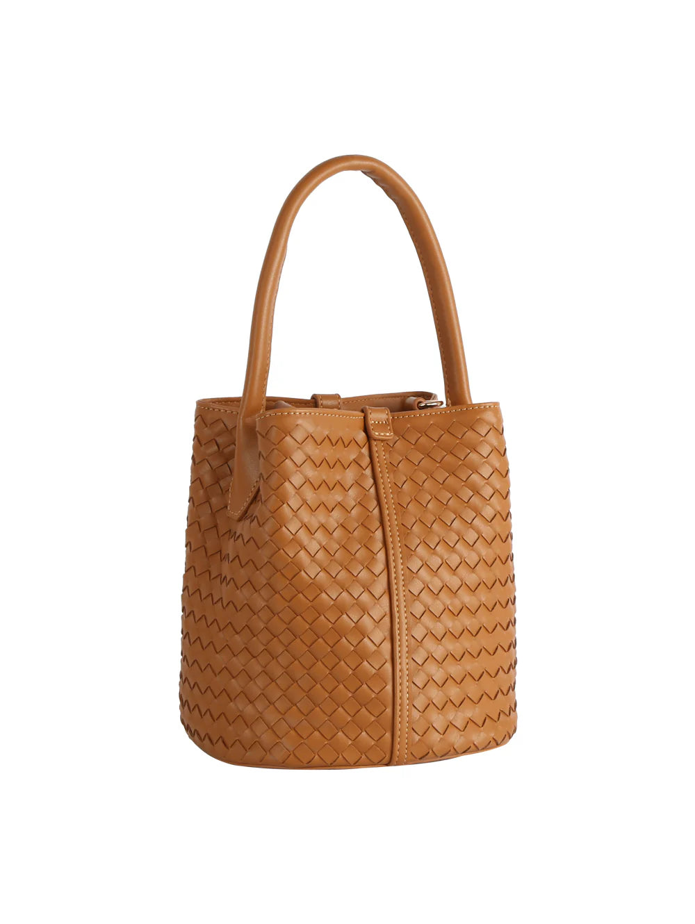 The Woven Bucket Bag Two Piece Set features tan faux leather with a woven design, a rounded base, single curved handle, gold-toned hardware, and top zipper closure. The bag stands upright against a white background.