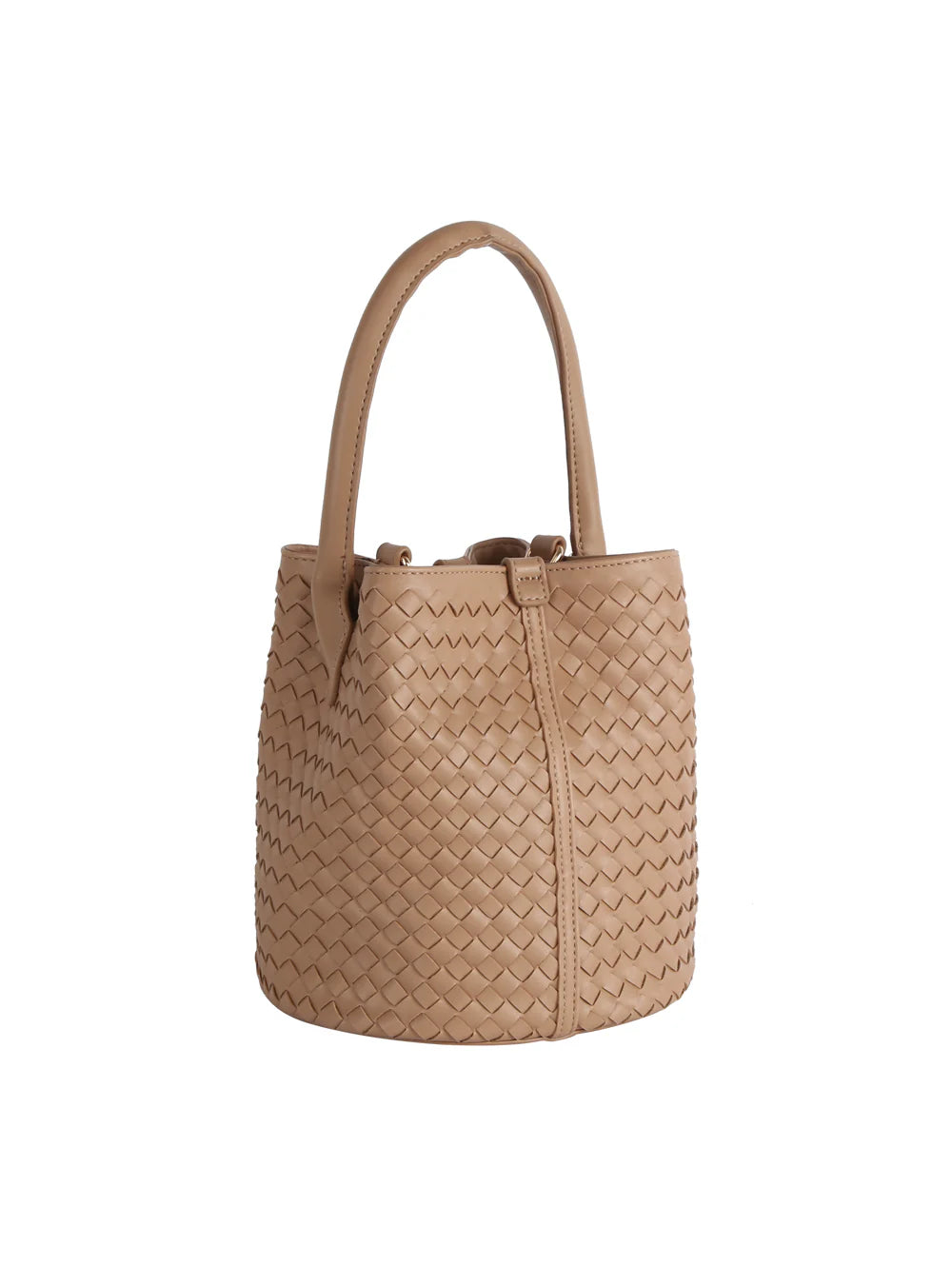 The Woven Bucket Bag Two Piece Set is a tan, faux leather bucket bag with a single handle, gold-toned hardware, a textured pattern, and a structured cylindrical shape.