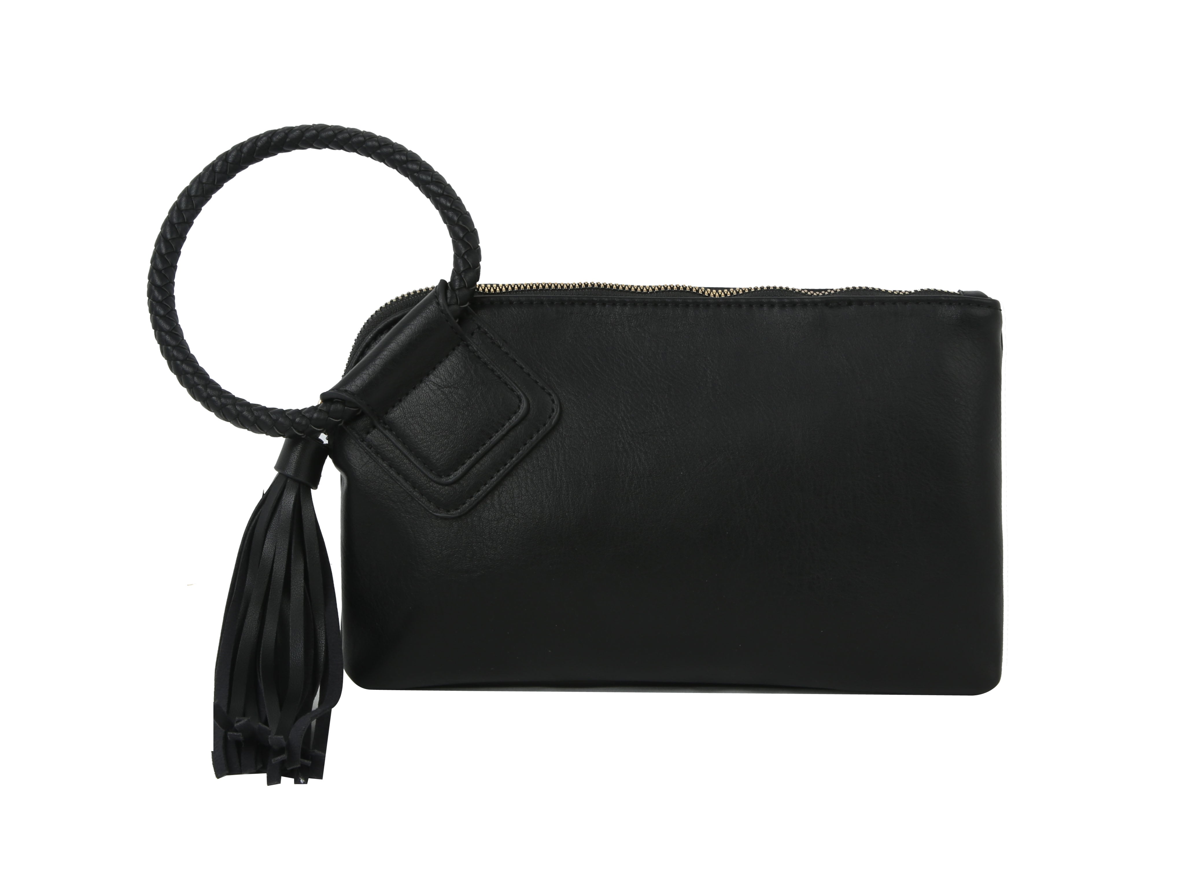 The Braided Handle Wristlet Clutch is a black faux leather bag with a braided wrist strap, tassel detail, zippered top, elegant design, and convenient interior credit card slots.