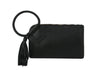 The Braided Handle Wristlet Clutch is a black faux leather bag with a braided wrist strap, tassel detail, zippered top, elegant design, and convenient interior credit card slots.