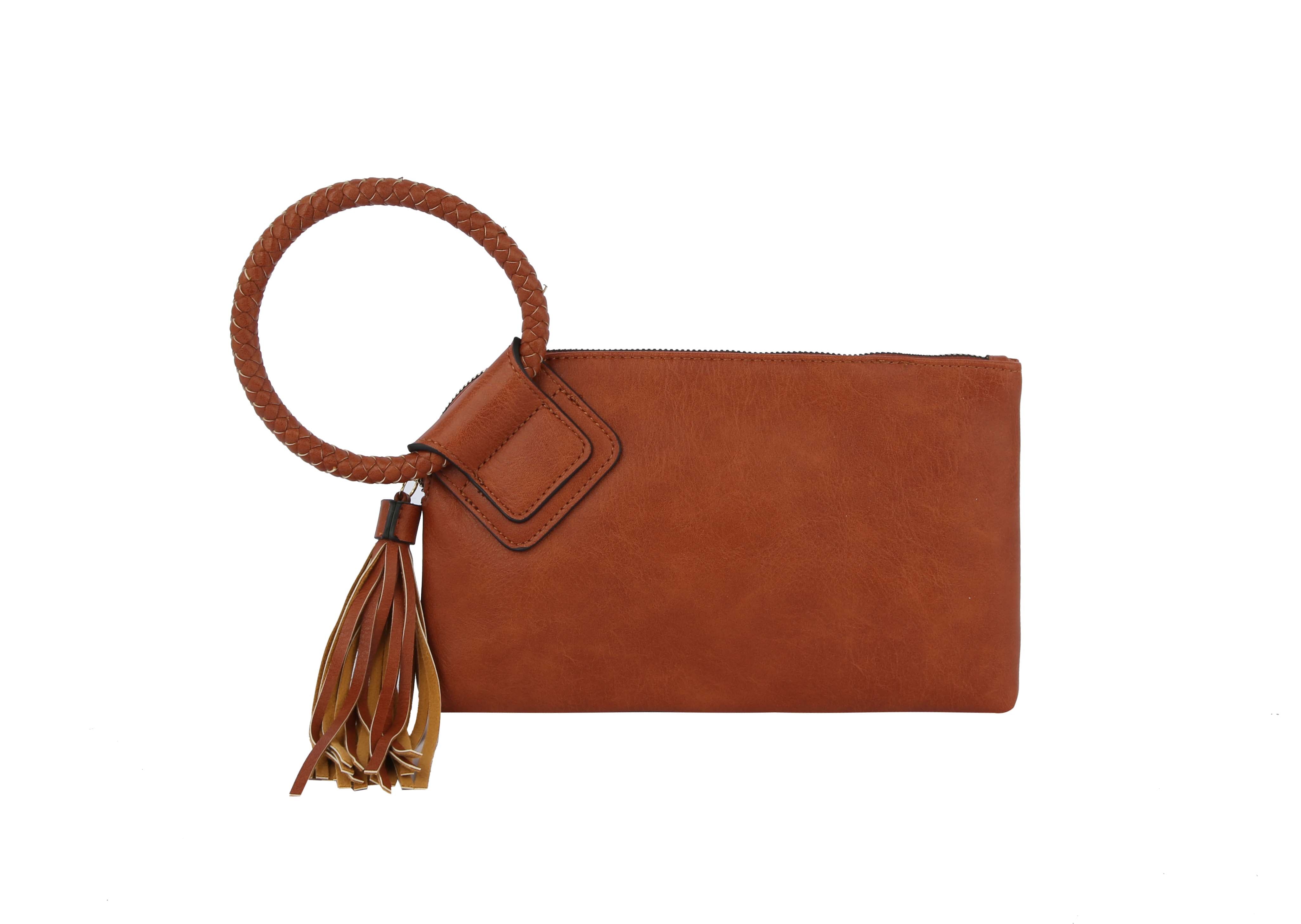 The Braided Handle Wristlet Clutch features brown faux leather, a braided wrist strap, handy credit card slots, and a decorative tassel by the zip closure.