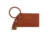 The Braided Handle Wristlet Clutch features brown faux leather, a braided wrist strap, handy credit card slots, and a decorative tassel by the zip closure.