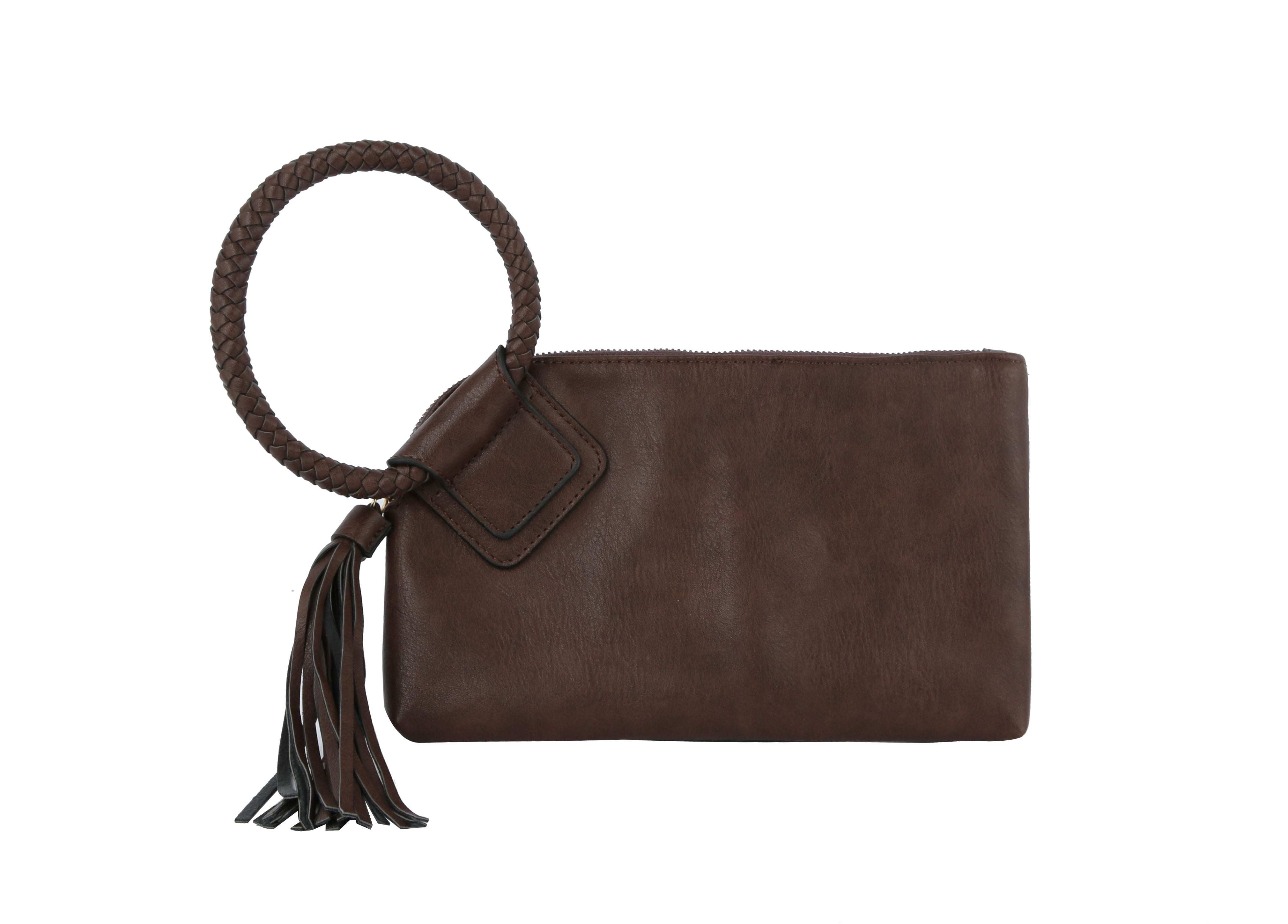 The Braided Handle Wristlet Clutch, featuring brown faux leather, a braided wrist strap, tassel accent, zip pocket, and credit card slots, is shown against a plain white background.