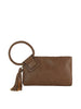 The Braided Handle Wristlet Clutch in brown faux leather features built-in credit card slots, a braided wrist strap, and a matching tassel, displayed against a white background.