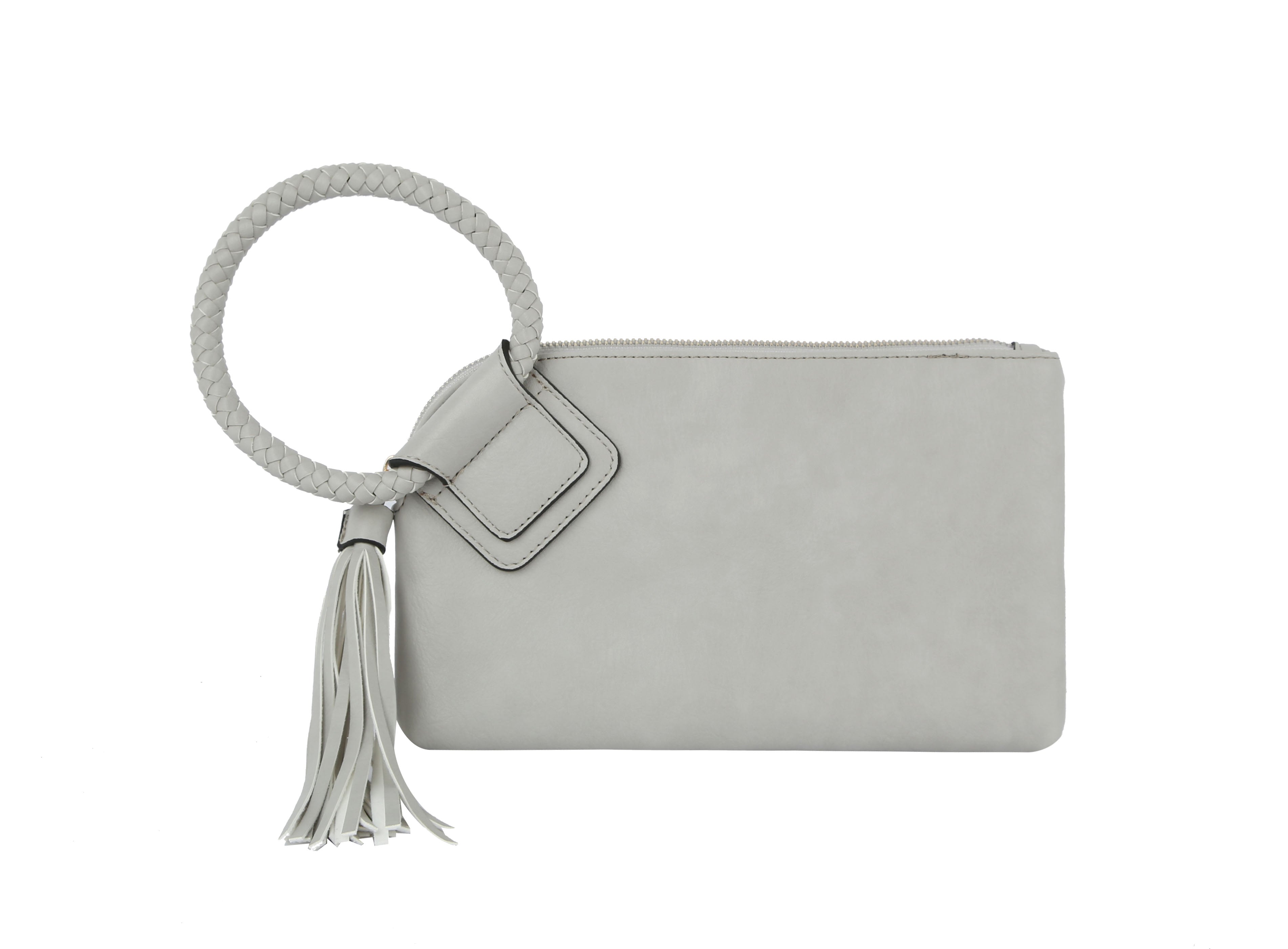 The Braided Handle Wristlet Clutch is a light gray purse with a circular braided handle, matching tassel, zip closure, minimalist design, and convenient interior credit card slots.