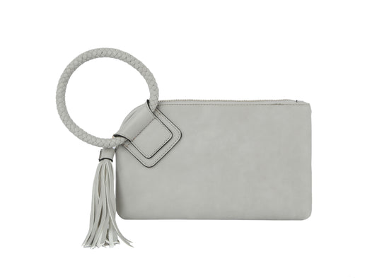 The Braided Handle Wristlet Clutch is a light gray purse with a circular braided handle, matching tassel, zip closure, minimalist design, and convenient interior credit card slots.