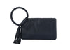 The Braided Handle Wristlet Clutch is a compact navy blue faux leather wallet featuring a braided circular handle, matching tassel, and zip pocket, shown against a white background.