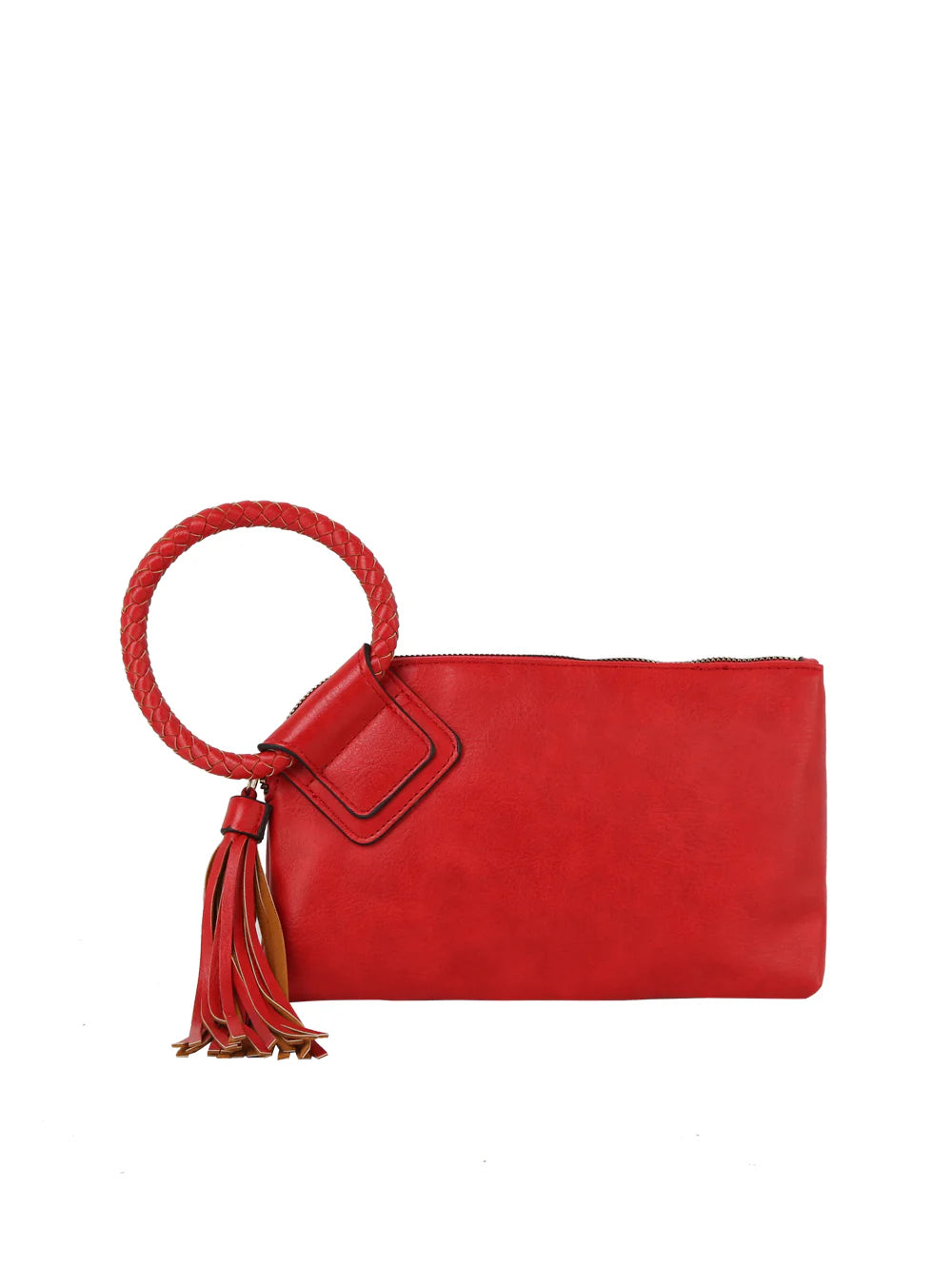 The Braided Handle Wristlet Clutch in red faux leather features a large braided circular handle, matching red tassel, gold-tone accents, and convenient credit card slots, all shown on a plain white background.